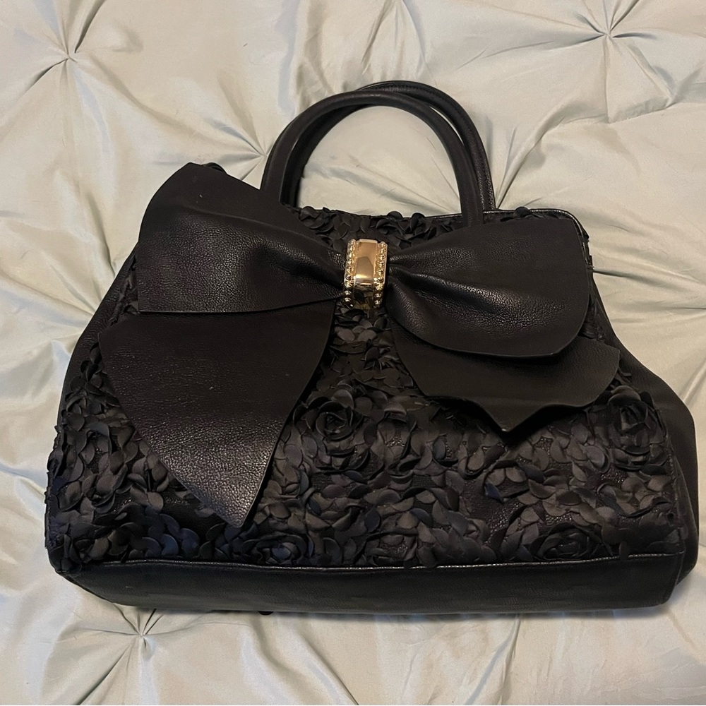 Betsey Johnson Black Floral Satchel with Bow